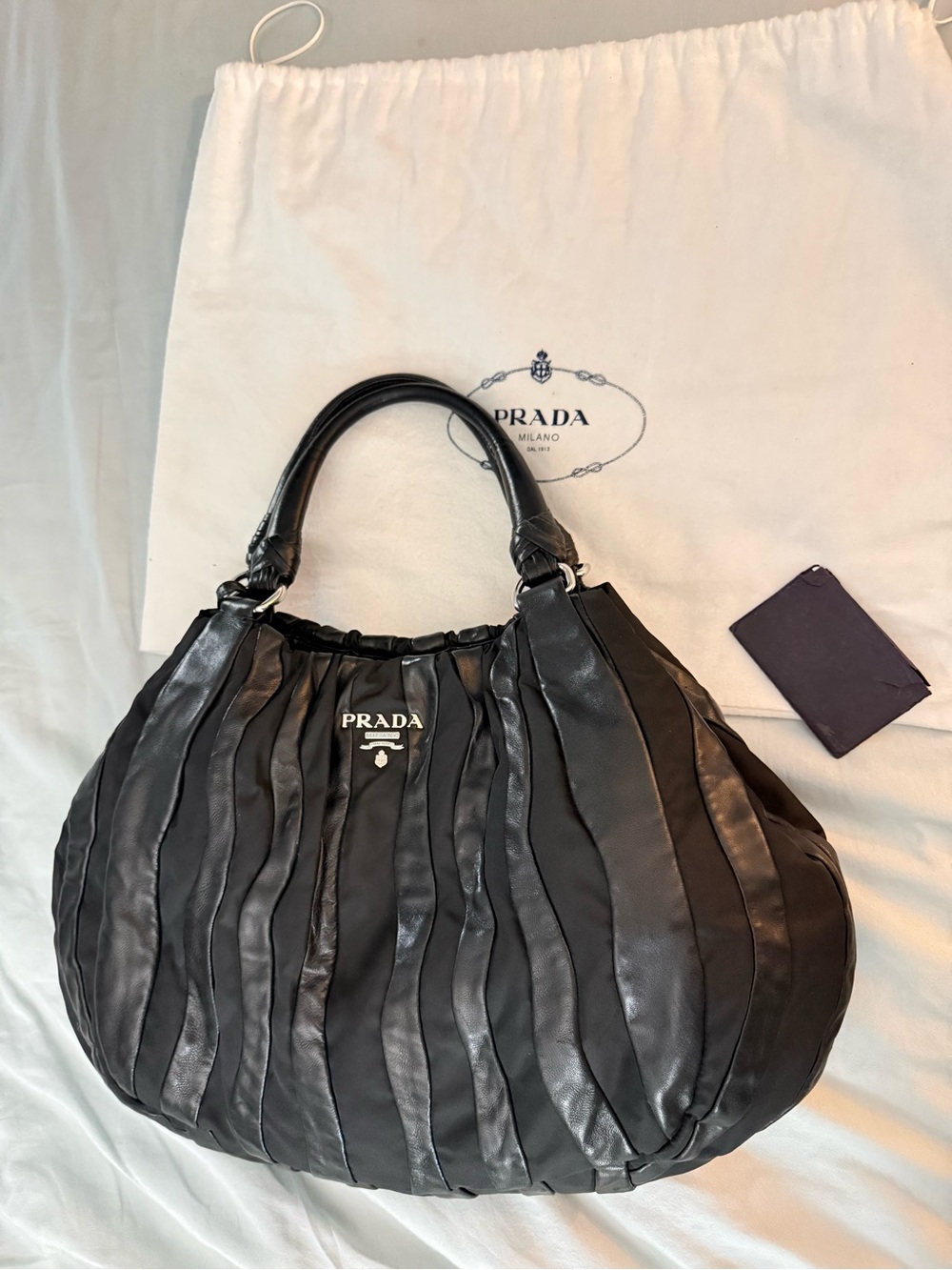 Prada Black Leather Pleated Shoulder Bag